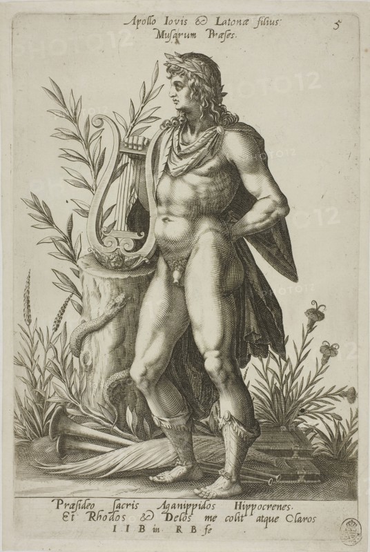 Apollo, plate 5 from Parnassus Biceps, 1601, Robert Boissard (French, c. 1570–after 1597), after Jean-Jacques Boissard (French, 1533-1598), Frankfurt an der Oder, Engraving in black on ivory laid paper, 250 × 179 mm (image), 271 × 179 mm (plate), 284 × 188 mm (sheet)