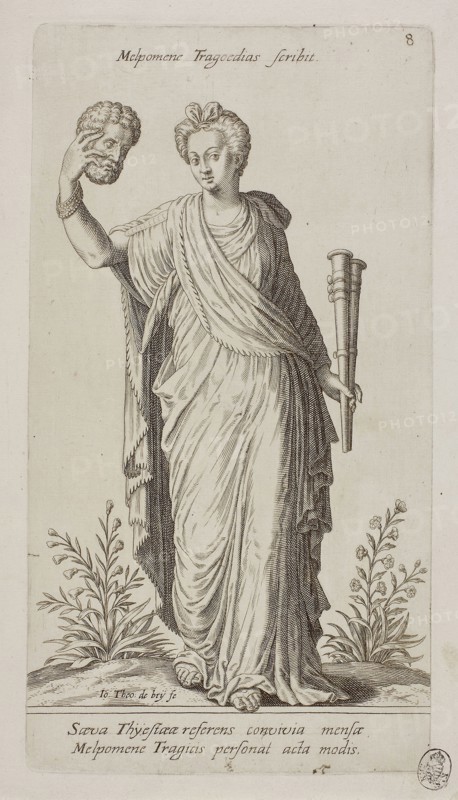 Melpomene, Muse of Tragedy, plate 8 from Parnassus Biceps, 1601, Johann Theodor de Bry (German, 1561-1623), after Jean-Jacques Boissard (French, 1533-1598), Frankfurt an der Oder, Engraving in black on ivory laid paper, 235 × 140 mm (image), 257 × 140 mm (plate), 278 × 164 mm (sheet)