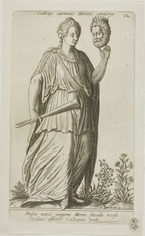 Calliope, Muse of Epic Poetry, plate 12 from Parnassus Biceps, 1601, Johann Theodor de Bry (German, 1561-1623), after Jean-Jacques Boissard (French, 1533-1598), Frankfurt an der Oder, Engraving in black on ivory laid paper, 223 × 140 mm (image), 240 × 140 mm (plate), 260 × 160 mm (sheet)
