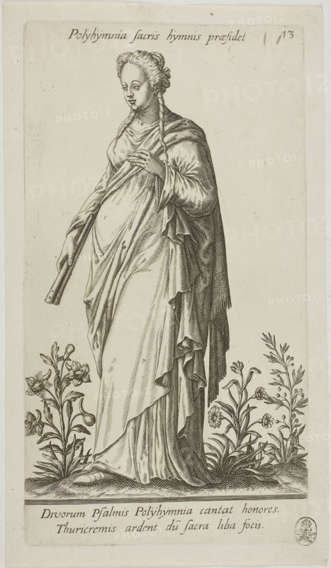 Polyhymnia, Muse of Hymns, plate 13 from Parnassus Biceps, 1601, Johann Theodor de Bry (German, 1561-1623), or Robert Boissard (French, c. 1570-after 1597), after Jean-Jacques Boissard (French, 1533-1598), Frankfurt an der Oder, Engraving in black on ivory laid paper, 239 × 140 mm (image), 259 × 140 mm (plate), 278 × 160 mm (sheet)