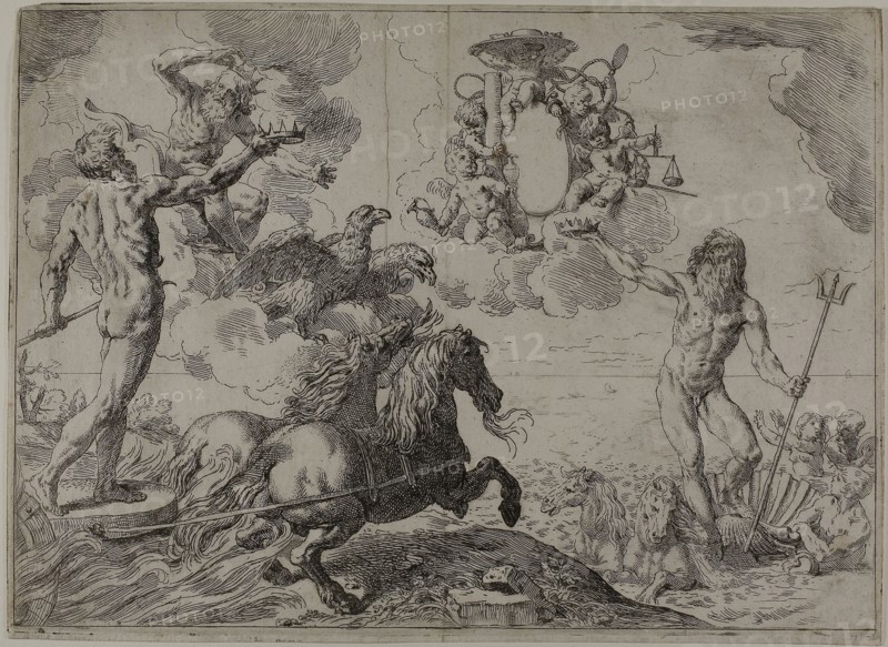 Jupiter, Neptune and Pluto Offering their Crowns to the Arms of Cardinal Borghese, 1640/45, Simone Cantarini, Italian, 1612-1648, Italy, Etching on ivory laid paper, 310 x 435 mm (image), 315 x 440 mm (plate), 320 x 440 mm (sheet)