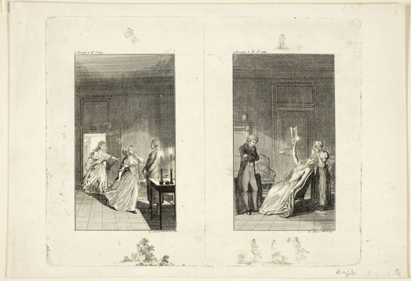 Illustration to Samuel Richardson’s Clarissa, 1796, Daniel Nikolaus Chodowiecki, German, 1726-1801, Germany, Etching on paper, 119 x 68 mm (image), 166 x 211 mm (plate)