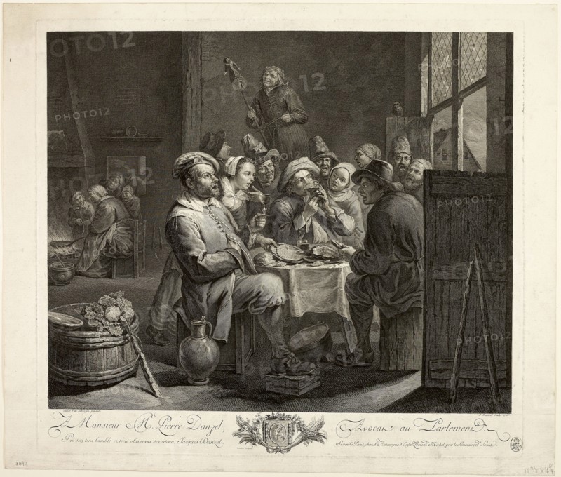 The King Drinks, 1766, Jacques Claude Danzel (French, 1737-1809), after Gillis Van Tilborgh, the Younger (Flemish, c. 1625-c. 1678), coat of arms etched by Baisiez (French, active in 1764 and 1768), France, Etching with engraving on ivory laid paper, 408 × 448 mm (image), 419 × 469 mm (plate), 454 × 533 mm (sheet)