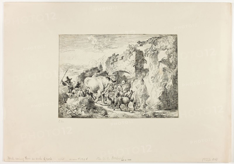 Herd Coming through an Arch of Rock, 1740, Christian Wilhelm Ernst Dietrich, German, 1712-1774, Germany, Etching in black on paper, 91 x 148 mm (plate), 142 x 197 mm (sheet)