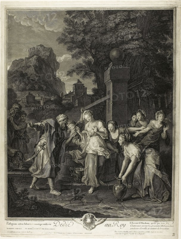 Rebecca Receiving Gifts from Eliezar, n.d., Pierre-Imbert Drevet (French, 1697-1739), after Antoine Coypel (French, 1661-1722), France, Engraving on ivory laid paper, 573 × 435 mm (plate), 590 × 448 mm (sheet)