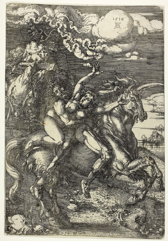 The Abduction of Proserpine on a Unicorn, 1516, printed 1540/50, Albrecht Dürer, German, 1471-1528, Germany, Etching in black on ivory laid paper, 311 x 212 mm (image), 311 x 213 mm (sheet)