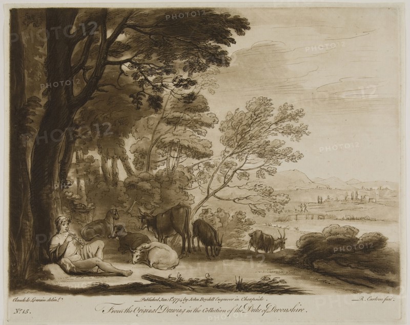 Shepherd Playing the Flute, 1774, Richard Earlom (British, 1743-1822), after Claude Lorrain (French, 1600-1682), England, Mezzotint in brown on cream laid paper, 191 × 258 mm (image), 207 × 259 mm (plate), 213 × 265 mm (sheet)