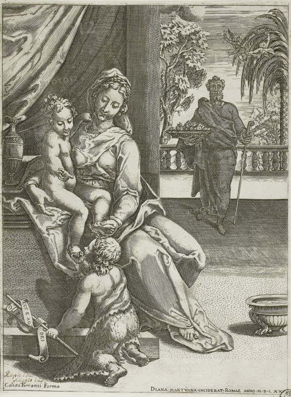 Virgin and Child with Saint John, 1575, Diana Scultori (Italian, c. 1536-c. 1590), after Raffaellino da Reggio (Italian, 1550-1578), Italy, Engraving in black on ivory laid paper, 275 x 204 mm (plate/sheet)