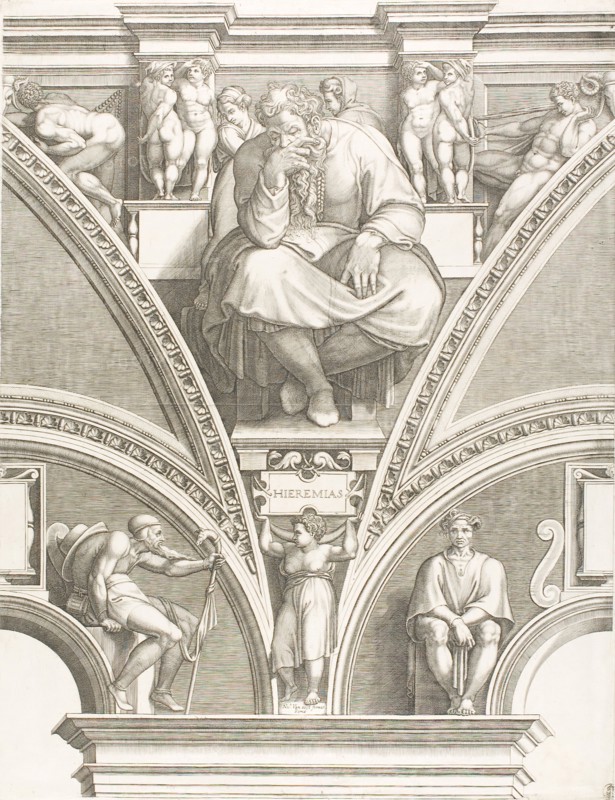 The Prophet Jeremiah, early 1570s, Giorgio Ghisi (Italian, 1520-1582), after Michelangelo Buonarroti (Italian, 1475-1564), Italy, Engraving in black on ivory laid paper, 569 x 439 mm