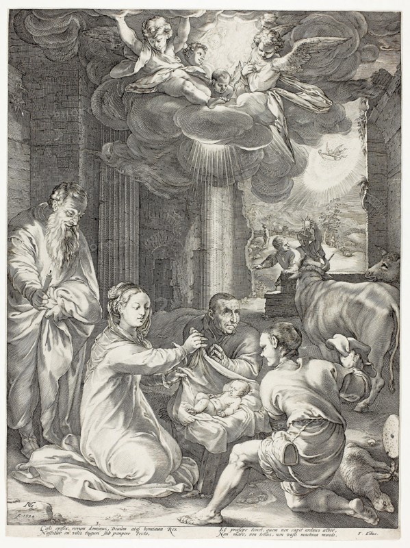 The Adoration of the Shepherds, plate three from The Birth and Early Life of Christ, 1594, Hendrick Goltzius (Dutch, 1558-1617), text written by Franco Estius, Netherlands, Engraving on paper, 464 x 350 mm (image), 476 x 352 mm (plate/sheet)