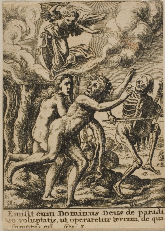 Expulsion from Paradise, 1651, Wenceslaus Hollar (Czech, 1607-1677), after Hans Holbein the younger (German, c.1497-1543), Bohemia, Etching on ivory wove paper, 73 × 53 mm (sheet, trimmed within plate mark)