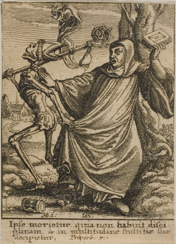 The Abbott and Death, 1651, Wenceslaus Hollar (Czech, 1607-1677), after Hans Holbein the younger (German, c.1497-1543), Bohemia, Etching on ivory wove paper, 73 × 53 mm (sheet, trimmed within plate mark)