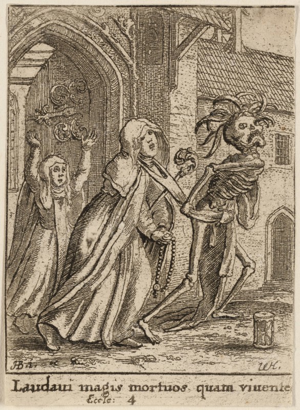 The Abbess and Death, 1651, Wenceslaus Hollar (Czech, 1607-1677), after Hans Holbein the younger (German, c.1497-1543), Bohemia, Etching on ivory wove paper, 72 × 52 mm (sheet, trimmed within plate mark)