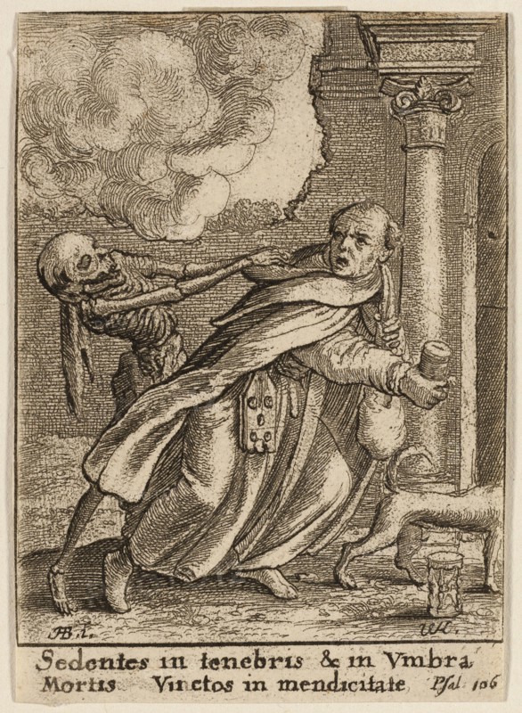 The Monk and Death, 1651, Wenceslaus Hollar (Czech, 1607-1677), after Hans Holbein the younger (German, c.1497-1543), Bohemia, Etching on ivory wove paper, 73 × 52 mm (sheet, trimmed within plate mark)