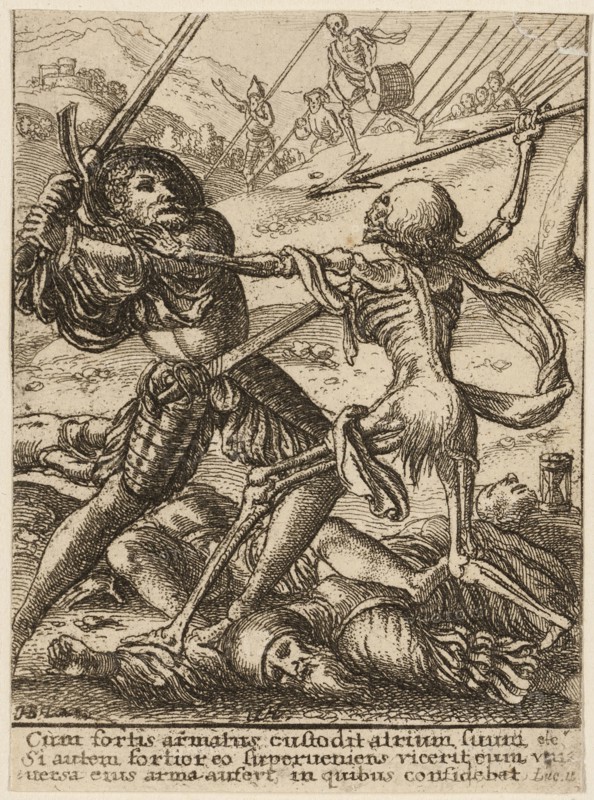 The Knight and Death, from The Dance of Death, 1651, Wenceslaus Hollar (Czech, 1607-1677), after Hans Holbein the younger (German, c.1497-1543), Bohemia, Etching in black on ivory wove paper, 71 × 52 mm (sheet, trimmed within plate mark)