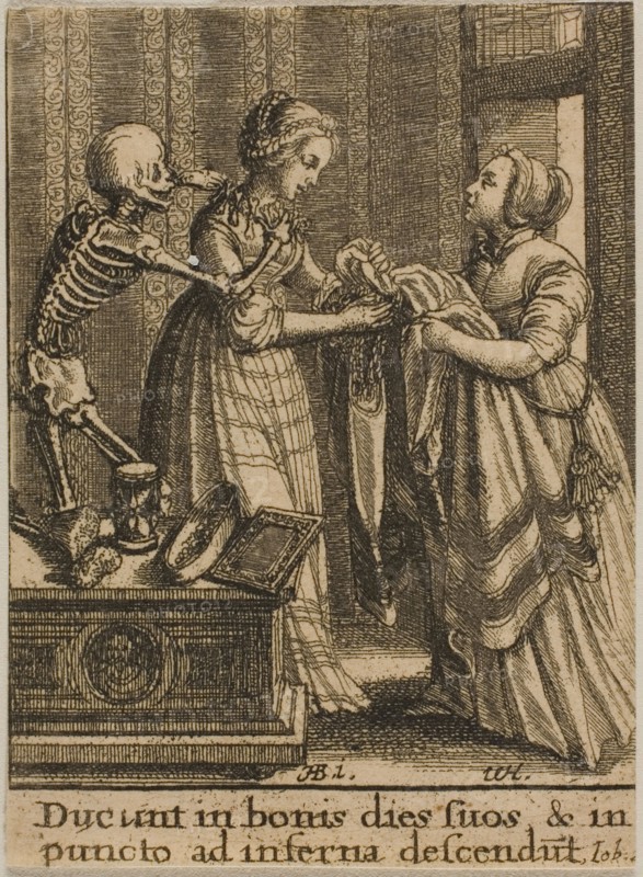 The Bride and Death, 1651, Wenceslaus Hollar (Czech, 1607-1677), after Hans Holbein the younger (German, c.1497-1543), Bohemia, Etching on ivory wove paper, 73 × 53 mm (sheet, trimmed within plate mark)