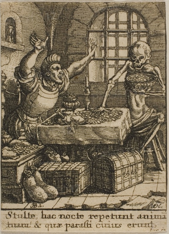 The Rich Man and Death, 1651, Wenceslaus Hollar (Czech, 1607-1677), after Hans Holbein the younger (German, c.1497-1543), Bohemia, Etching on ivory wove paper, 73 × 52 mm (sheet, trimmed within plate mark)