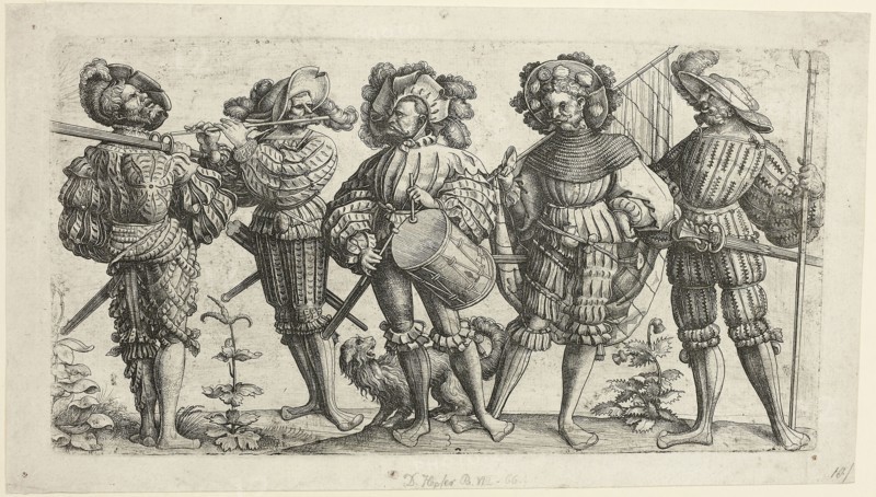 Five German Soldiers, 1505/36, Daniel Hopfer the Elder, German, 1470-1536, Germany, Etching in black on buff laid paper, 202 x 377 mm (image/plate), 237 x 412 mm (sheet)