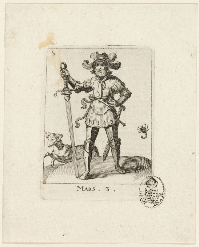 Mars, plate three from Der VII Planeten, n.d., Conrad Meyer, Swiss, 1618-1689, Switzerland, Etching in black on ivory laid paper, 46 x 62 mm (image), 67 x 50 mm (plate), 103 x 84 mm (sheet)