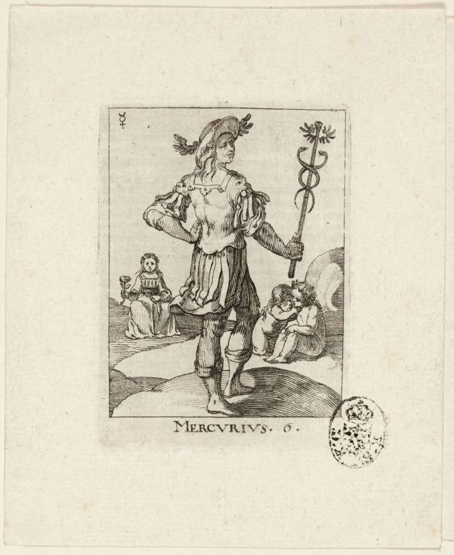 Mercurius, plate six from Der VII Planeten, n.d., Conrad Meyer, Swiss, 1618-1689, Switzerland, Etching in black on ivory laid paper, 69 x 49 mm (sheet)