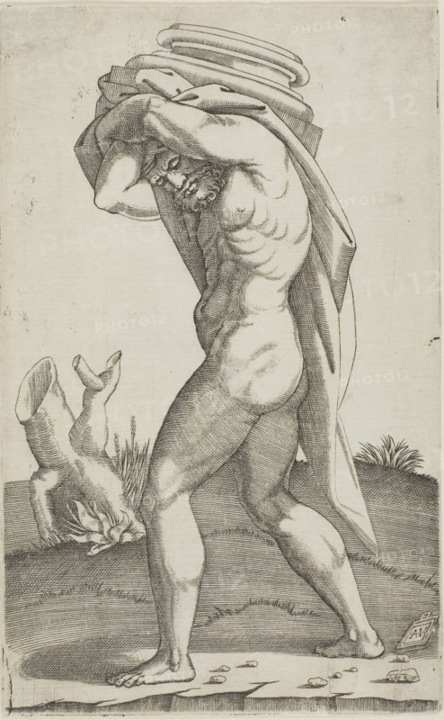 Man Carrying the Base of a Column, 1515/30, Agostino dei Musi (Italian, c. 1490-after 1536), after Raffaello Sanzio, called Raphael (Italian, 1483-1520), Italy, Engraving in black on ivory laid paper, 227 x 140 mm (image/sheet, trimmed to plate mark)