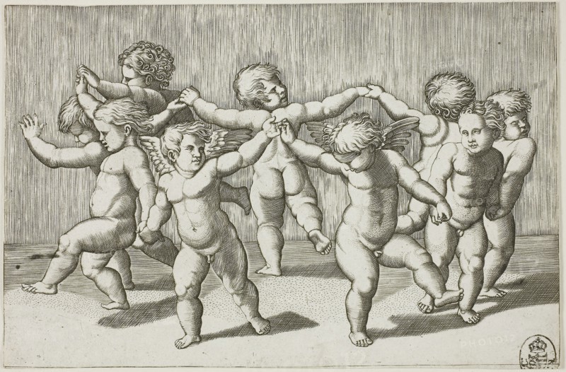 Dance of Cupids, 1517/20, Marcantonio Raimondi, Italian, c. 1480-1534, Italy, Engraving printed in black on paper, 110 × 166 mm (image/sheet)
