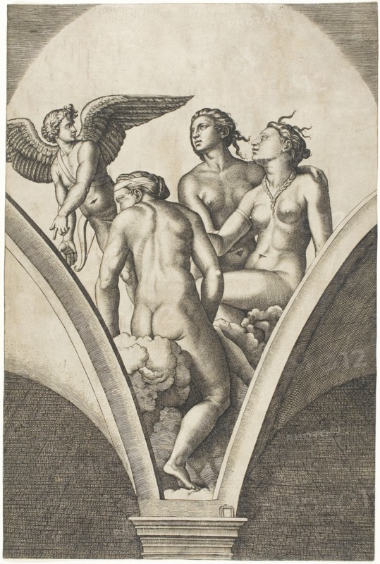 Cupid and the Three Graces, 1518/19, Marcantonio Raimondi (Italian, c. 1480-1534), after Raffaello Sanzio, called Raphael (Italian, 1483-1520), Italy, Engraving in black on cream laid paper, 310 x 206 mm