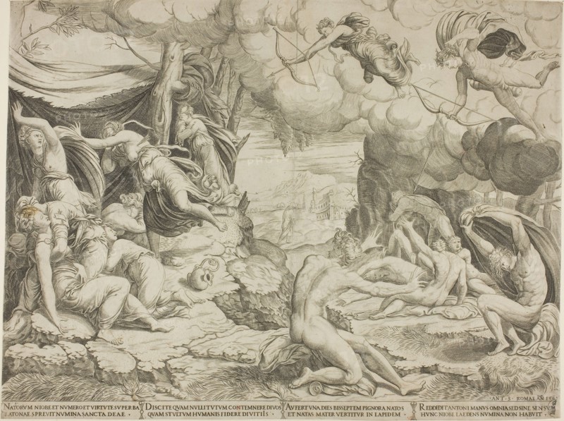 The Death of the Children of Niobe, 1541, School of Marcantonio Raimondi, Italian, c. 1480-1534, Italy, Engraving in black on paper, 332 x 445 mm (sheet)