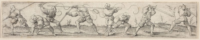 Eight Soldiers Engaged in Fencing Exercises, c. 1541, Virgil Solis, the Elder, German, 1514-1562, Germany, Etching in black on ivory laid paper, 31 x 176 mm (image/plate), 34 x 179 mm (sheet)