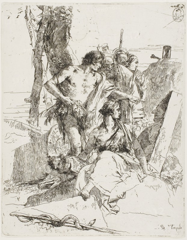 The Discovery of the Tomb of Punchinello, from Scherzi, 1735–40, Giambattista Tiepolo, Italian, 1696-1770, Italy, Etching printed in black on paper, 229 x 180 mm (plate), 230 x 181 mm (sheet)
