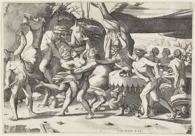 Combat of the Lapiths and Centaurs, 1542, Enea Vico, Italian, 1523-1567, Italy, Engraving in black on ivory laid paper, 292 x 416 mm