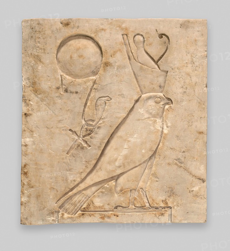 Relief Plaque Depicting the God Horus as a Falcon, Late Period–Ptolemaic Period (664–30 BC), Egyptian, Egypt, Limestone, 31.1 × 28.3 × 3.2 cm (12 1/4 × 11 1/8 × 1 1/4 in.)