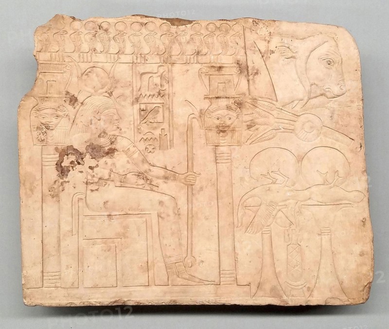 Artist’s Trial Piece: Hathor in Shrine, Offerings, Ox Head, Late Period, Dynasty 26 (664–525 BC), Egyptian, Egypt, Limestone, 21.2 × 19.6 × 2.1 cm (8 5/16 × 7 3/4 × 15/16 in.)