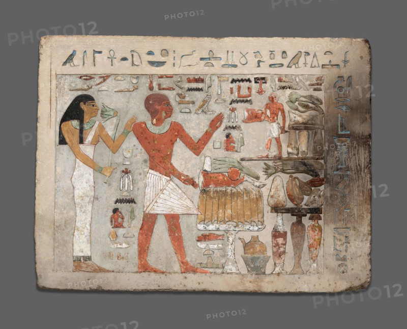 Stela of Amenemhat and Hemet, Middle Kingdom, early Dynasty 12 (about 1956–1877 BC), Egyptian, probably from Thebes, Egypt, Egypt, Limestone and pigment, 31.1 × 41.7 × 6.7 cm (12 1/4 × 16 3/8 × 2 5/8 in.)