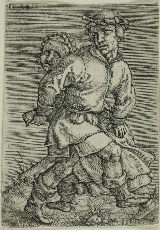 Peasant Couple Dancing, 1524, Barthel Beham, German, 1502-1540, Germany, Engraving in black on ivory laid paper, 56 x 39 mm (image/plate/sheet)