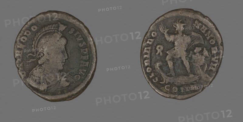 Coin Portraying the Emperor Theodosius, AD 379/395, Roman, minted in Constantinople, Roman Empire, Bronze, Diam. 2.4 cm, 4.73 g