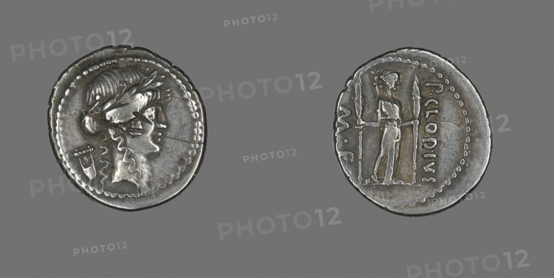 Denarius (Coin) Depicting the God Apollo, 42/41 BC, issued by P. Clodius, Roman, minted in Rome, Roman Empire, Silver, Diam. 2 cm, 3.85 g