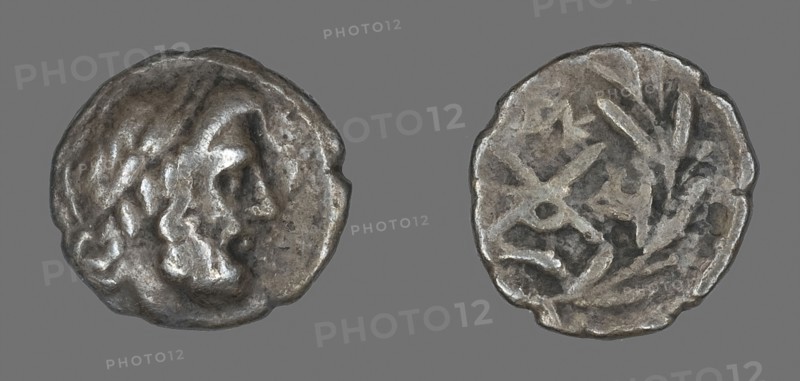 Hemidrachm (Coin) Depicting the God Zeus Amarios, 280/146 BC, Greek, minted in Dyme, Ancient Greece, Silver, Diam. 1.5 cm, 2.13 g