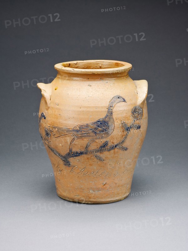 Saleratus Jar, 1848, George Muk, American, c. 1813–after 1850, Bladensburg, Maryland, United States, Stoneware and salt glaze with cobalt oxide glaze, 16.8 × 12.7 cm (6 5/8 × 5 in.)