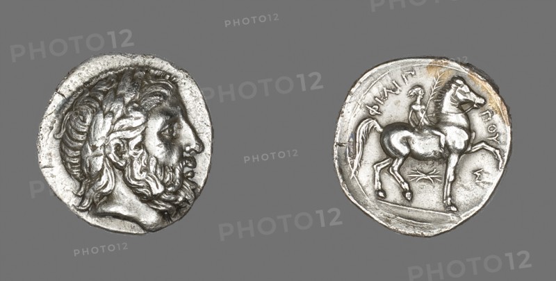 Tetradrachm (Coin) Depicting the God Zeus, 359/336 BC, issued by King Philip II of Macedonia, Greek, minted in Pella, Macedonia, Pella, Silver, Diam. 2.8 cm, 13.92 g
