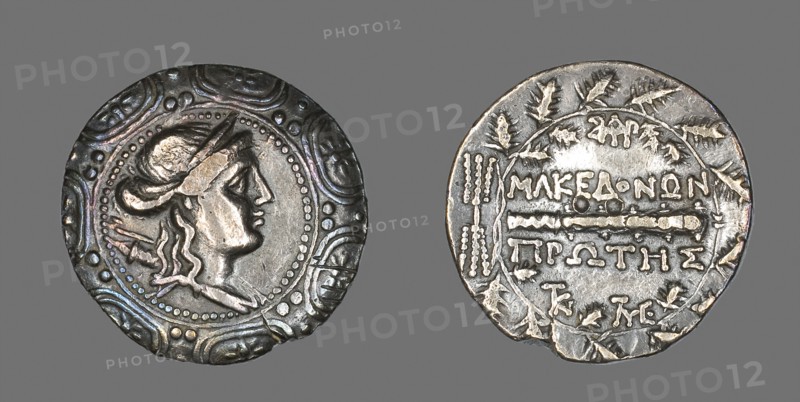 Tetradrachm (Coin) Depicting a Macedonian Shield with the Goddess Artemis, 158/149 BC, Roman, minted in Amphipolis, Roman Empire, Silver, Diam. 3.1 cm, 16.76 g