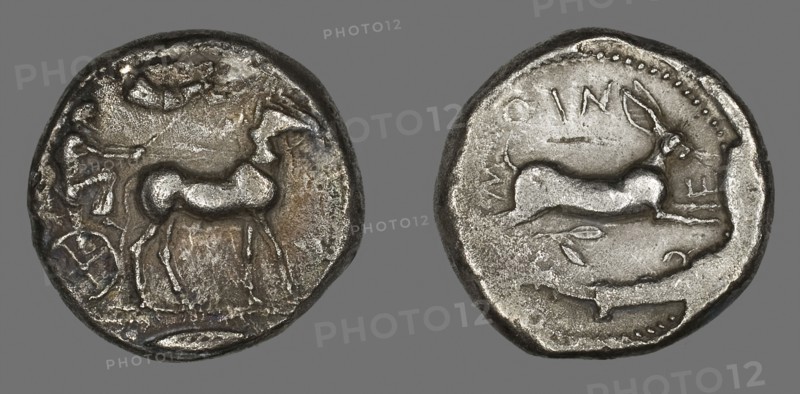Tetradrachm (Coin) Portraying Biga with Mules, 484/476 BC, Greek, minted in Messana, Sicily, Italy, Ancient Greece, Silver, Diam. 2.6 cm, 16.37 g