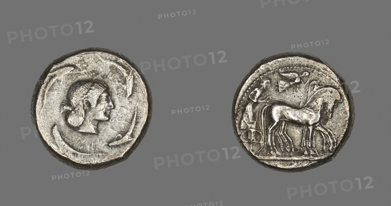 Tetradrachm (Coin) Depicting Quadriga with Bearded Charioteer, 485/478 BC, Greek, minted in Syracuse, Sicily, Ancient Greece, Silver, Diam. 2.4 cm, 16.34 g
