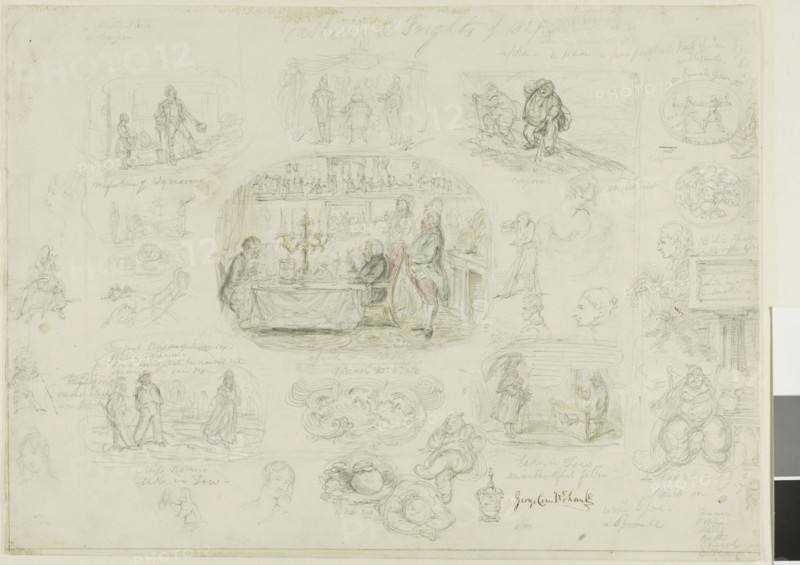 Fashions and Frights of 1829 (recto), Angels Ever Bright and Fair (verso), 1829, George Cruikshank, English, 1792-1878, England, Graphite with brush and watercolor (recto) and graphite (verso) on ivory wove paper, 275 × 375 mm