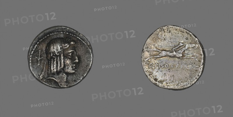 Denarius (Coin) Depicting the God Apollo, about 67 BC, Roman, Roman Empire, Silver, Diam. 1.8 cm, 3.49 g