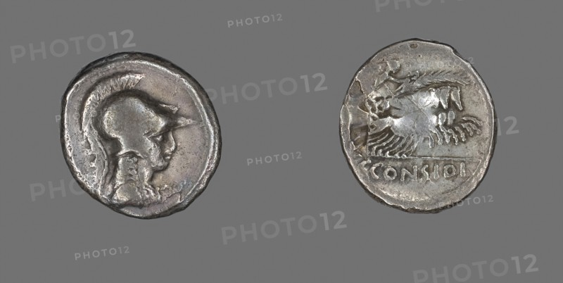 Denarius (Coin) Depicting the Goddess Minerva, about 46 BC, Roman, Roman Empire, Silver, Diam. 2 cm, 3.29 g