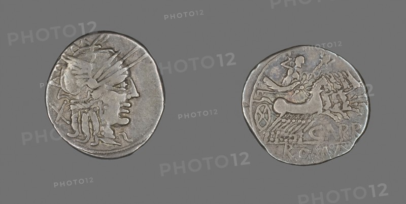 Denarius (Coin) Depicting the Goddess Roma, 121 BC, Roman, Roman Empire, Silver, Diam. 2.1 cm, 3.80 g