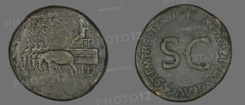 Sestertius (Coin) Portraying Emperor Augustus, AD 34/35, Roman, minted in Rome, Roman Empire, Bronze, Diam. 3.7 cm, 29.81 g