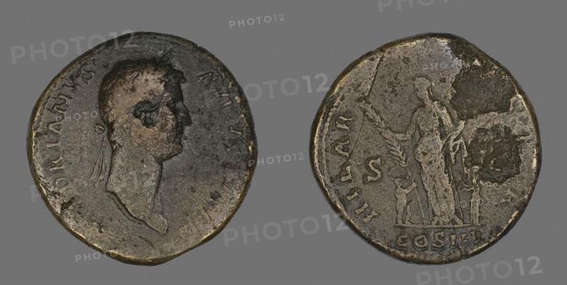 Sestertius (Coin) Portraying Emperor Hadrian, AD 128/132, Roman, minted in Rome, Roman Empire, Bronze, Diam. 3.3 cm, 25.01 g