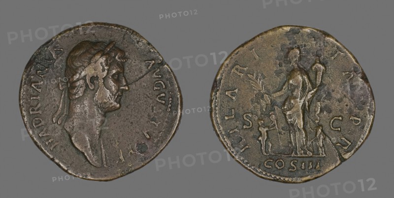 Sestertius (Coin) Portraying Emperor Hadrian, AD 128/132, Roman, minted in Rome, Roman Empire, Bronze, Diam. 3.4 cm, 23.39 g